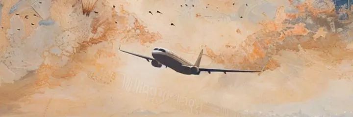The plane flies over the eastern city