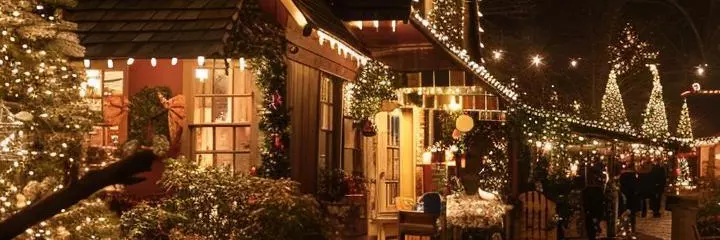 The house and trees are decorated with New Year's garlands